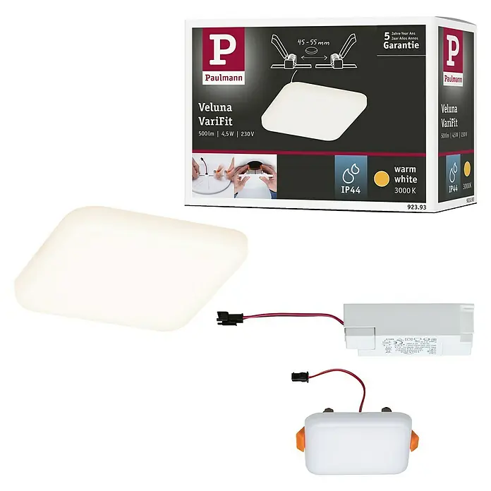 Paulmann Panel LED Veluna VariFit - 4,5 W, L x An x Al: 7,5 x 7,5 x 3,1 cm, Satin, Blanco cálido, 3.000 K - Imagen de la lámpara de techo LED Paulmann Veluna VariFit, incluyendo el embalaje, la lámpara, el driver y el balasto.