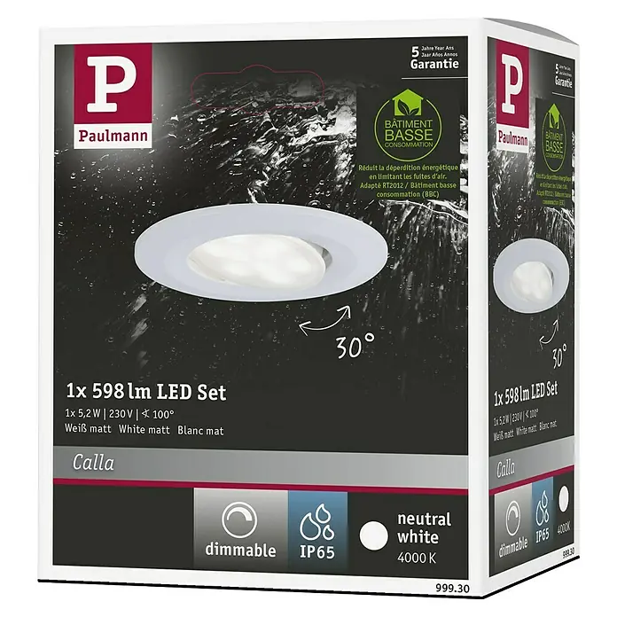 Paulmann Downlight LED empotrable Calla - Blanco neutro, 1 ud., IP65, Diámetro: 90 mm, Blanco - Embalaje del producto para un conjunto LED Paulmann 1x 598lm, regulable, IP65, blanco neutro (4000K).