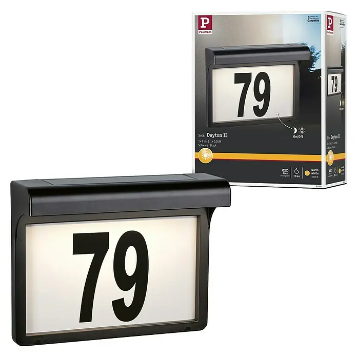 Paulmann Solar-Hausnummer Dayton II - Schwarz, Warmweiß - Abbildung einer Paulmann Solar Dayton II Hausnummerleuchte in Schwarz, mit der Nummer 79.