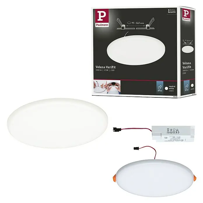 Paulmann Panel LED redondo Veluna - 17,5 W, Ø x Al: 18,5 x 3,1 cm, Satin, Blanco neutro, 4.000 K - Imagen del producto de la luz empotrada Paulmann Veluna VariFit. Diseño compacto, ideal para interiores modernos con luz blanca neutra.