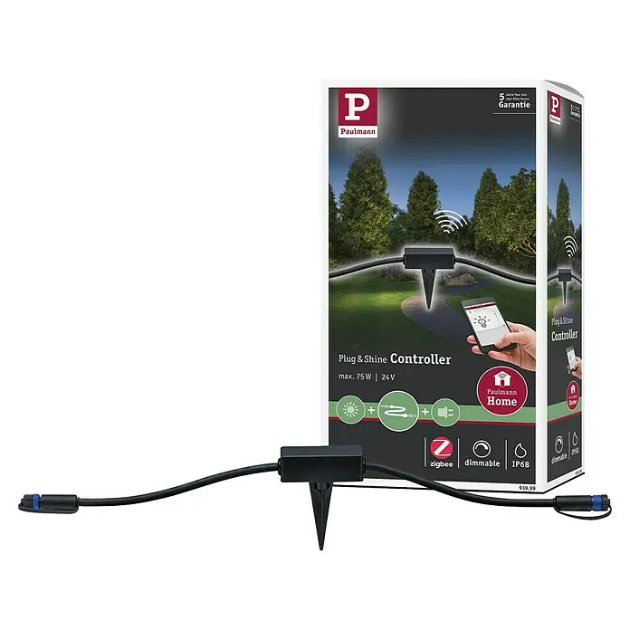 Paulmann Plug & Shine Dimm- & Schaltcontroller Smart - Max. Leistung: 75 W - Abbildung des Paulmann Plug & Shine Controllers, ein intelligentes System für die Gartenbeleuchtung mit App-Steuerung und Dimmfunktion.