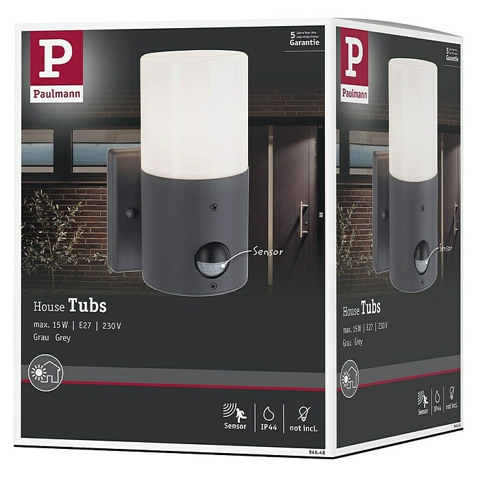Paulmann Vanjska zidna svjetiljka Tubs  (15 W, Senzor pokreta, E27, IP44) | BAUHAUS