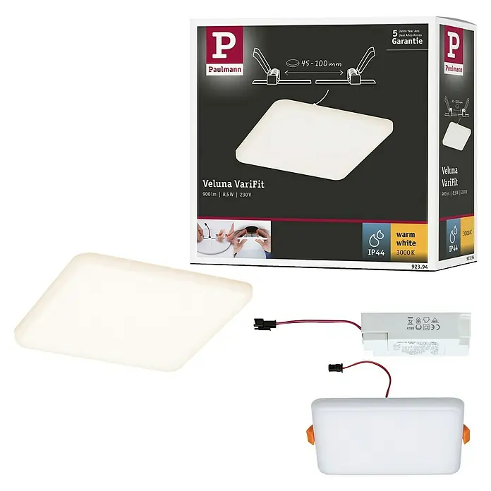 Paulmann Panel LED Veluna VariFit - 8,5 W, L x An x Al: 12,5 x 12,5 x 3,1 cm, Satin, Blanco cálido, 3.000 K - El panel LED Paulmann Veluna VariFit: una luz empotrada cuadrada y moderna con luz blanca cálida para un ambiente agradable.