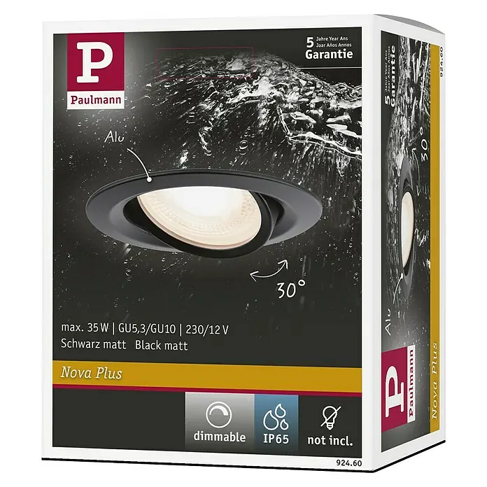 Paulmann Nova Downlight empotrable LED redondo Nova Plus - 35 W, Ø x Al: 9,3 x 4,5 cm, Negro - Embalaje del producto foco Paulmann Nova Plus: foco de aluminio negro mate, regulable y con certificación IP65 para espacios húmedos.