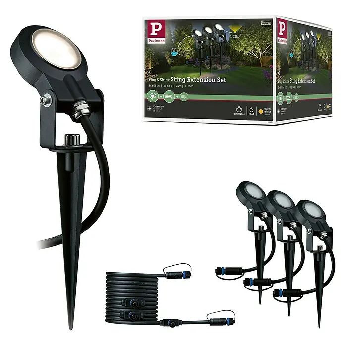 Paulmann Plug & Shine LED-Gartenspot-Set Sting Erweiterung - 6 W, Anthrazit, 24 V, 3 Stk., Ø x H: 5,2 x 29 cm - Paulmann Plug & Shine Sting Erweiterungsset für den Außenbereich. Wetterfest, dimmbar und mit warmweißem Licht, ideal für Gartenakzente.