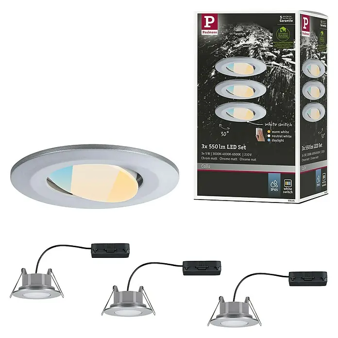 Paulmann Set de focos LED empotrables redondos Calla LED - 5,5 W, 3 ud., Temperatura de color ajustable: Escalones, Cromo mate - Vista del producto del set de 3 LED Paulmann Calla con función de cambio de color, ideal para iluminación interior atmosférica.