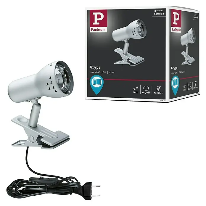 Paulmann Klemmspot Gryps - 40 W, Silber - Abbildung einer Paulmann Gryps Klemmleuchte in Silber, inklusive Verpackung, ideal für flexible Beleuchtungslösungen im Innenbereich.