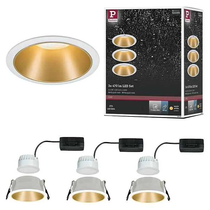 Paulmann Downlight LED empotrable Cole - 19,5 W, Blanco/Dorado, Blanco cálido, 3 ud. - Imagen de un conjunto de 3 LED Paulmann Cole de 470lm en blanco/oro mate, ideal para iluminación ambiental.