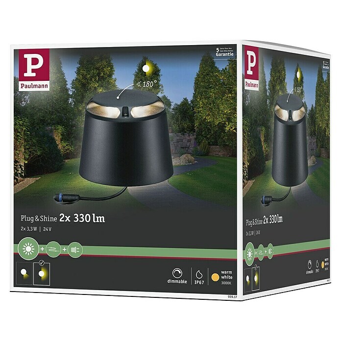 Paulmann Plug & Shine Aplique para exterior LED (6 W, Blanco cálido, IP67, Ø x Al: 19,3 cm x 15,5 mm)