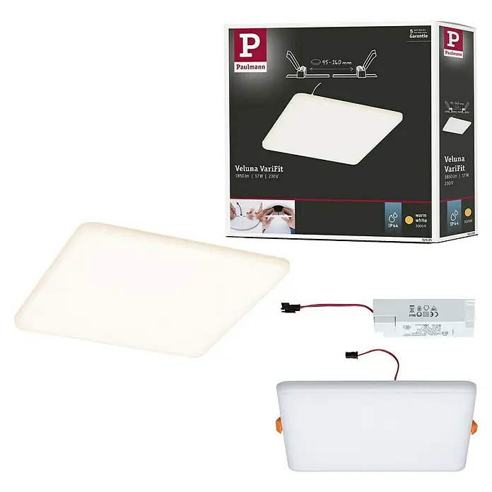 Paulmann Panel LED Veluna VariFit - 20 W, L x An x Al: 18,5 x 18,5 x 3,1 cm, Satin, Blanco cálido, 3.000 K - La imagen muestra el panel LED Paulmann Veluna VariFit, una solución de iluminación moderna y eficiente energéticamente con luz blanca cálida y tamaño de instalación variable.