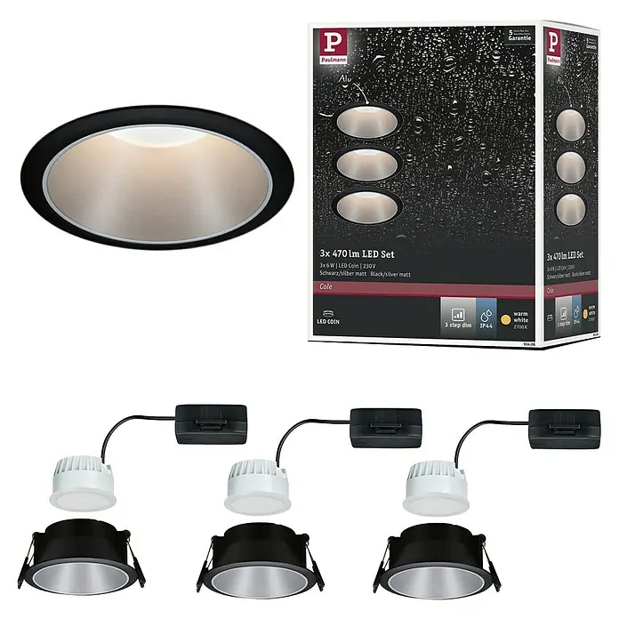 Paulmann Downlight LED empotrable Cole - 19,5 W, Negro/Plata, Blanco cálido, 3 ud. - La imagen muestra el Paulmann 3x 470lm LED Set, una solución de iluminación elegante para uso interior en negro/plata mate.