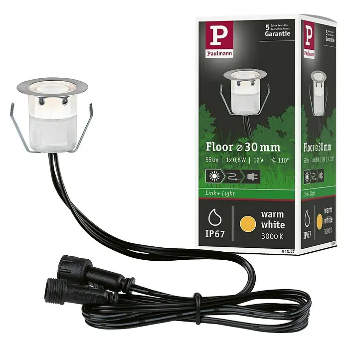 Paulmann Link & Light Bodeneinbauleuchte - 0,6 W, Silber - Produktabbildung von Paulmann Bodenleuchte, 30 mm Durchmesser, warmweiß, IP67, mit 5 Jahren Garantie und Link+Light Funktion.
