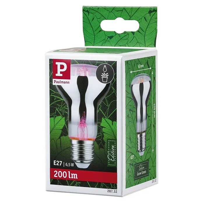 Paulmann Lámpara para plantas Grow Green - 6,5 W, 200 lm, R63 - Embalaje de una lámpara para plantas Paulmann E27 6.5W 200lm Edition Grow Green con un diseño de hojas tropicales y especificaciones de tamaño.