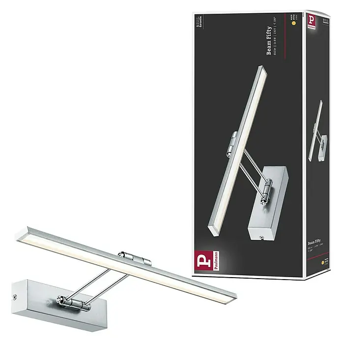 Paulmann Galeria LED-Bilderleuchte Beam Fifty - 7 W, L x B x H: 45 x 19 x 4,6 cm, Nickel gebürstet, Warmweiß - Produktbild der Paulmann Beam Fifty LED-Wandleuchte in Chrom, eine elegante Beleuchtungslösung für moderne Innenräume.
