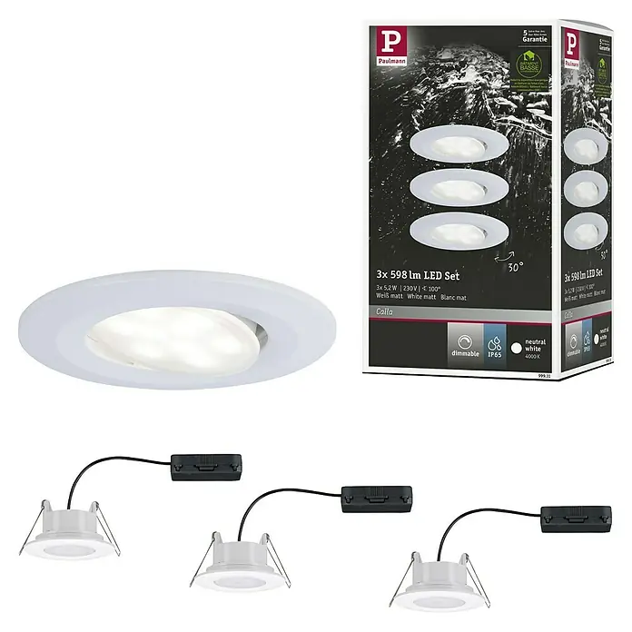 Paulmann Downlight LED empotrable Calla - Blanco neutro, 3 ud., IP65, Diámetro: 90 mm, Blanco - Vista del producto del conjunto de focos empotrables LED Paulmann 3x 598lm en blanco mate, regulable y con protección IP65.