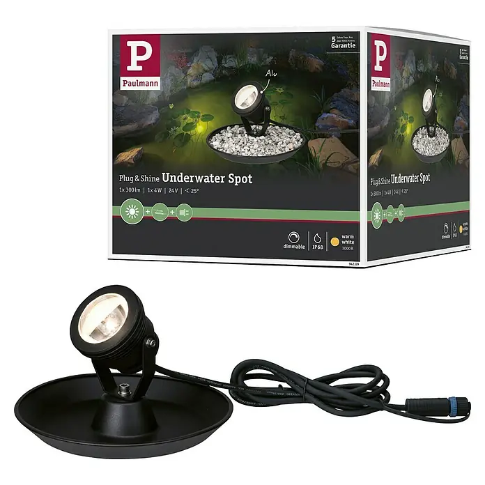 Paulmann Plug & Shine Teichbeleuchtung Underwater Spotlight - 4 W, 24 V, IP68 - Produktabbildung: Paulmann Plug & Shine Unterwasser-Spot, ideal zur Beleuchtung von Teichen und Gärten. Langlebig und einfach zu installieren.