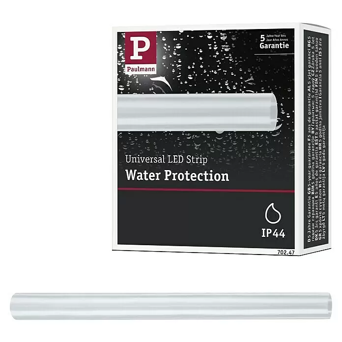 Paulmann Schrumpfschlauch YourLED Water-Protection - Länge: 15 cm, Transparent - Weiße Paulmann Universal LED-Leiste mit Wasserschutz (IP44) Verpackung und Produkt.
