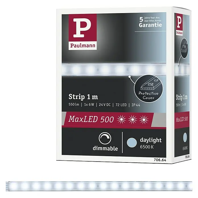 Paulmann MaxLED 500 Tira LED - Largo: 1 m, Color de luz: Blanco diurno, 6 W, 550 lm, Recubierto - Paquete de una luz LED Paulmann MaxLED 500 Strip 1 m, regulable, con luz de día 6500K y cubierta protectora.