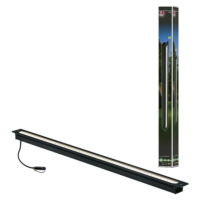 Paulmann Plug & Shine Bodeneinbauleuchte Lichtleiste - 8 W, Warmweiß, IP67, L x B x H: 90 x 5,4 x 4,5 cm - Eine LED-Gartenleuchte in Schwarz, zusammen mit der Produktverpackung. Ideal für die Beleuchtung von Wegen und Gärten.