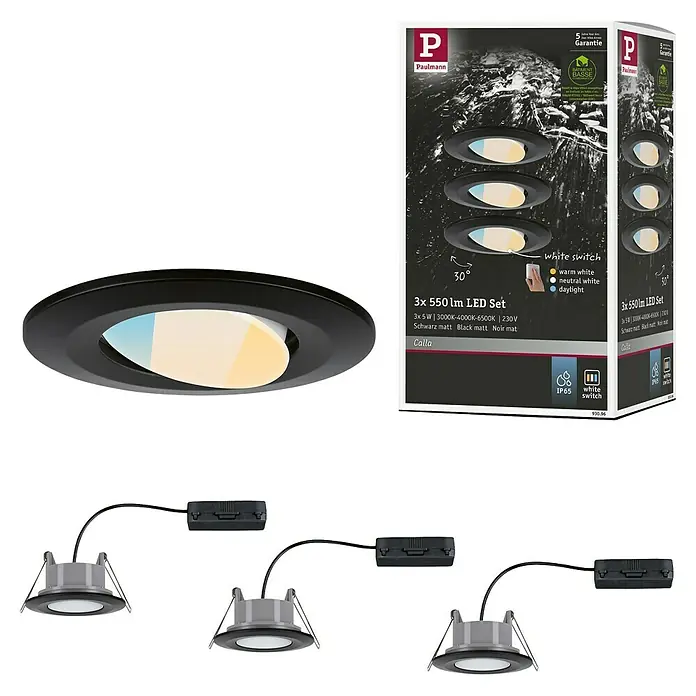 Paulmann Set de focos LED empotrables redondos Calla LED - 5,5 W, 3 ud., Temperatura de color ajustable: Escalones, Negro - Juego de 3 LED Paulmann Calla para exteriores con control de temperatura de color y protección IP65.