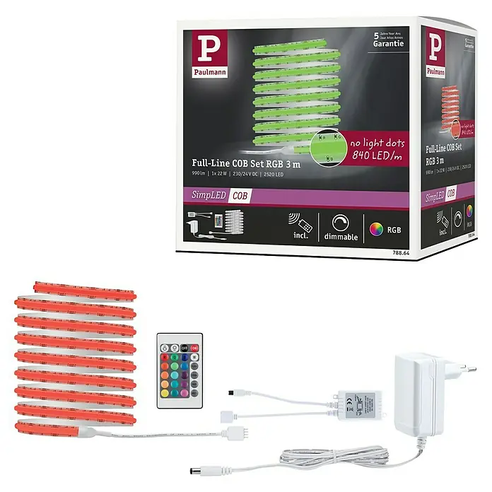 Paulmann Tira LED - Largo: 300 cm, Color de luz: RGB, 30 W, 230 V - Imagen del producto del set de tira LED Paulmann Full-Line COB RGB 3 m con accesorios para iluminación ambiental.