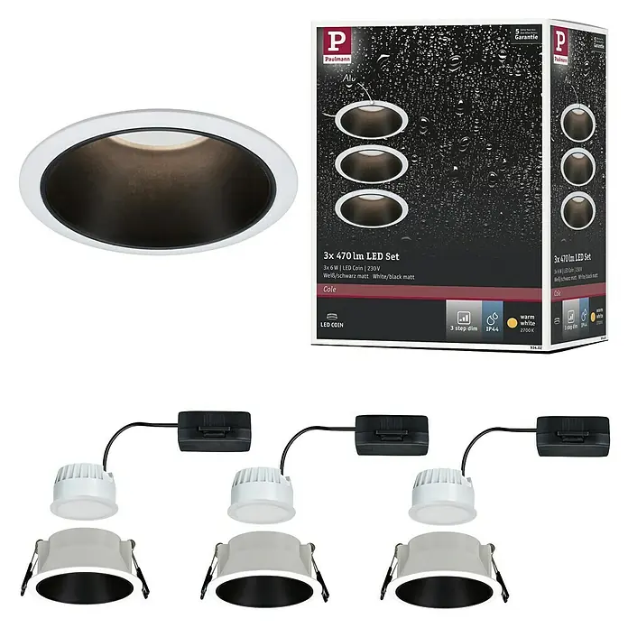 Paulmann Downlight LED empotrable Cole - 6,5 W, Blanco/Negro, Blanco cálido, 3 ud. - Imagen del producto del conjunto de focos empotrables LED Cole de 3 piezas de Paulmann en blanco y negro mate, perfecto para una iluminación elegante.