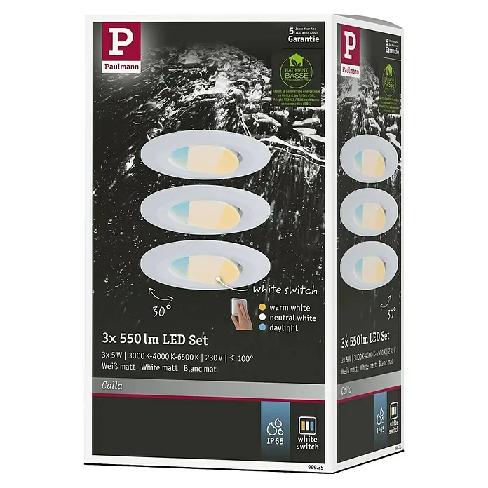 Paulmann Set de focos LED empotrables redondos Calla LED - 5 W, 3 ud., Temperatura de color ajustable: Escalones, Blanco - Embalaje del producto para un conjunto LED Paulmann 3x 550 lm, con temperatura de color ajustable y protección IP65 para exteriores.