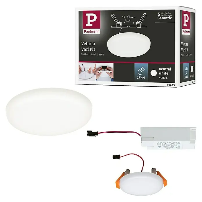 Paulmann Panel LED redondo Veluna - 4,5 W, Ø x Al: 7,5 x 3,1 cm, Satin, Blanco neutro, 4.000 K - Vista del producto: Lámpara LED Paulmann Veluna VariFit con 550lm, 4,5W y 230V, blanco neutro (4000K), protección IP44.