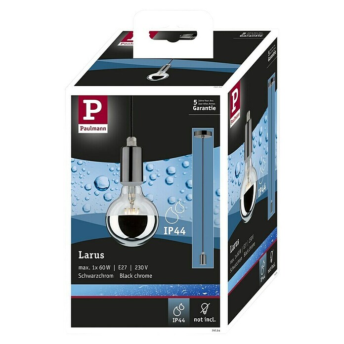 Paulmann Lámpara colgante Larus (Altura: 159 cm, Cromo/Negro, E27, IP44) | BAUHAUS