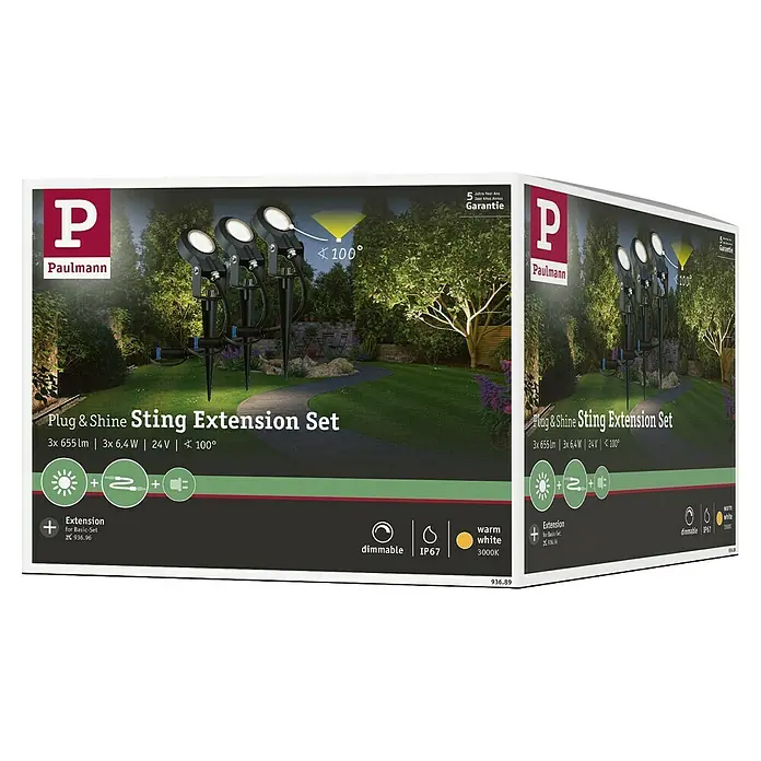 Paulmann Plug & Shine LED-Gartenspot-Set Sting Erweiterung - 6 W, Anthrazit, 24 V, 3 Stk., Ø x H: 5,2 x 29 cm - Produktverpackung: Paulmann Plug & Shine Sting Erweiterungsset mit drei Gartenstrahlern, ideal zur flexiblen Erweiterung von Außenbeleuchtungen.