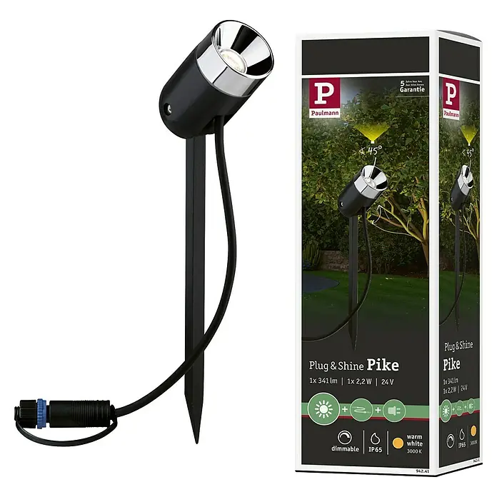 Paulmann Plug & Shine LED-Gartenspot Pike - Leistung: 3,5 W, Spannung: 24 V, IP65, Höhe: 31 cm - Abbildung einer Paulmann Plug & Shine Pike Gartenleuchte mit Erdspieß und zugehöriger Verpackung.