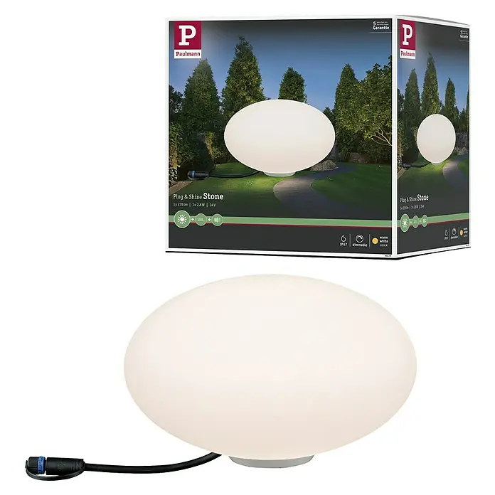 Paulmann Plug & Shine LED-Dekoleuchte Stone - 2,8 W, Weiß, L x B x H: 28 x 28 x 16,6 cm - Abgebildet ist die Paulmann Plug & Shine Stone Gartenleuchte, eine elegante, warmweiße Leuchte für den Außenbereich.