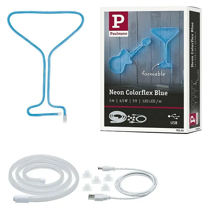 Paulmann Tira LED LED Neon Colorflex USB - Largo: 1 m, Color de luz: Azul - La imagen muestra una luz Neon Colorflex azul de Paulmann con forma de copa de cóctel, junto con sus accesorios y embalaje.