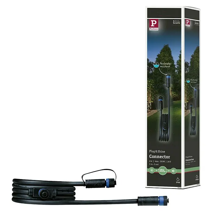 Paulmann Plug & Shine Verbindungskabel - 2 m, 2 Anschlüsse, IP68 - Produktbild eines Paulmann Plug & Shine Connectors, 2m lang, max. 150W, 24V, mit 1 Eingang und 2 Ausgängen, poolwasserbeständig und IP68-zertifiziert.