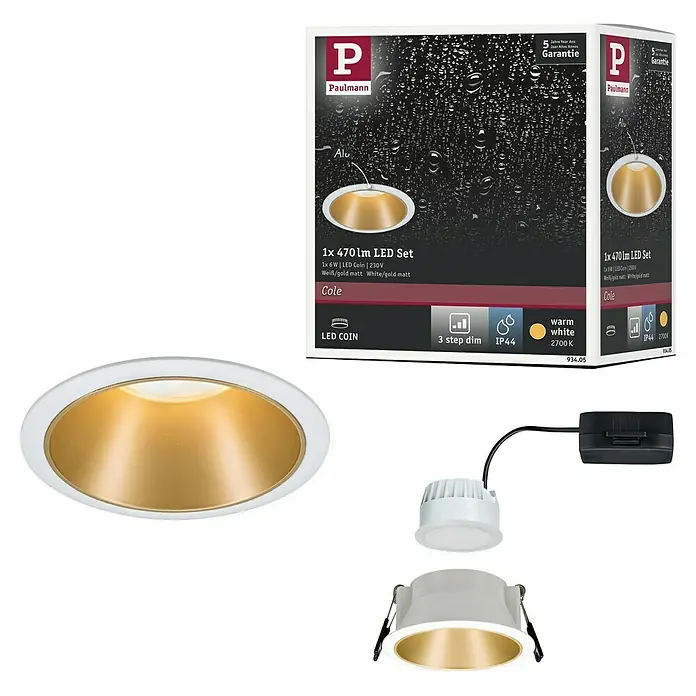 Paulmann Downlight LED empotrable Cole - 6,5 W, Blanco/Dorado, Blanco cálido, 1 ud. - El set de focos empotrables LED Paulmann Cole, 470 lúmenes, 6 vatios, en blanco/oro mate, combina diseño moderno e iluminación eficiente para tu hogar.