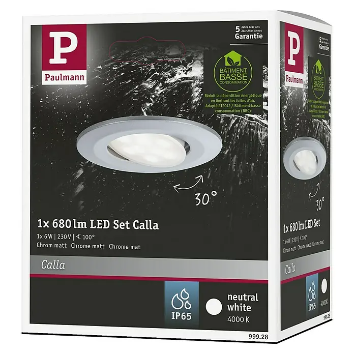 Paulmann Downlight LED empotrable Calla - 6 W, Cromo, IP65 - Embalaje del producto: Conjunto de focos empotrables LED Paulmann Calla con 680 lúmenes, luz blanca neutra y acabado cromo mate.
