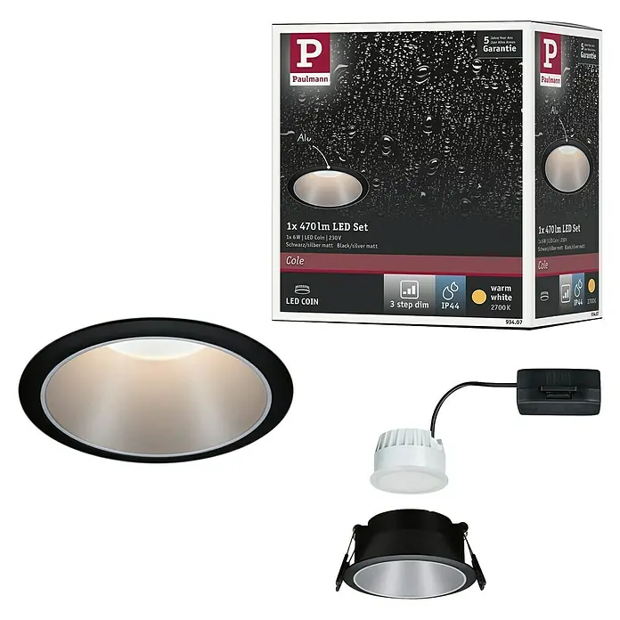 Paulmann Downlight LED empotrable Cole - 6,5 W, Negro/Plata, Blanco cálido, 1 ud. - Imagen del producto del conjunto de focos empotrables LED Paulmann Cole con 470 lm, luz blanca cálida y protección IP44.