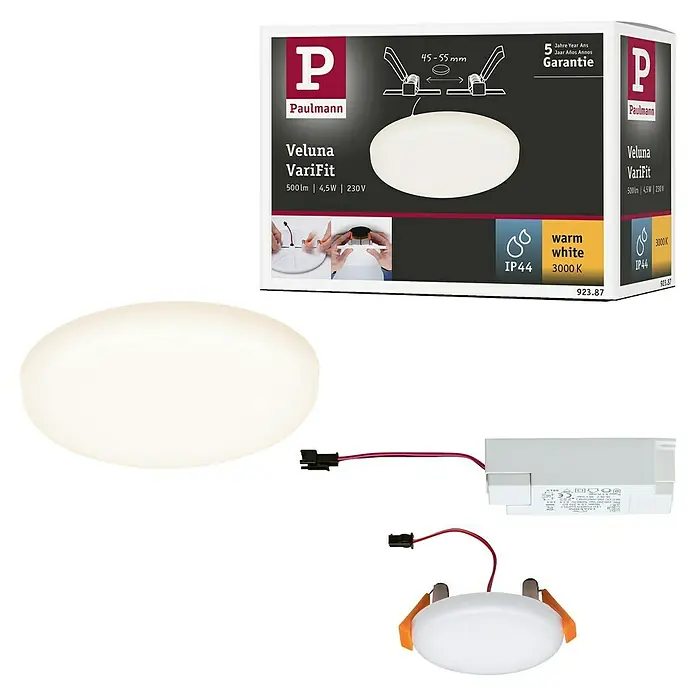 Paulmann Panel LED redondo Veluna VariFit - 4,5 W, Ø x Al: 7,5 x 3,1 cm, No regulable, Satin, Blanco cálido - Imagen del producto del plafón de techo Paulmann Veluna VariFit de 500lm, 4,5W y 230V en blanco cálido con protección IP44.