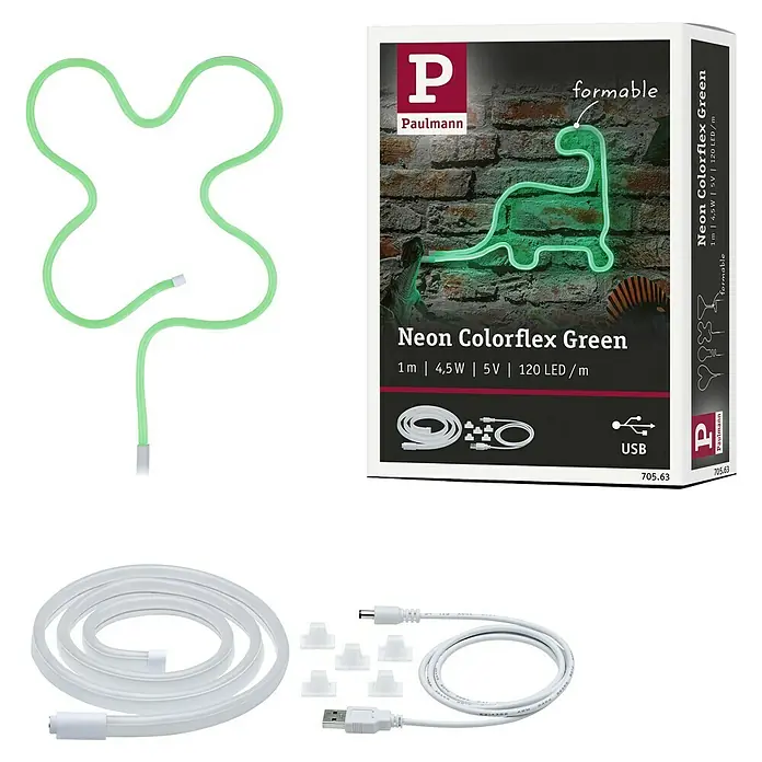 Paulmann Tira LED LED Neon Colorflex USB - Largo: 1 m, Color de luz: Verde - Vista del producto del Paulmann Neon Colorflex Green, una luz LED flexible para diseño de iluminación creativa, incluye accesorios y puerto USB.
