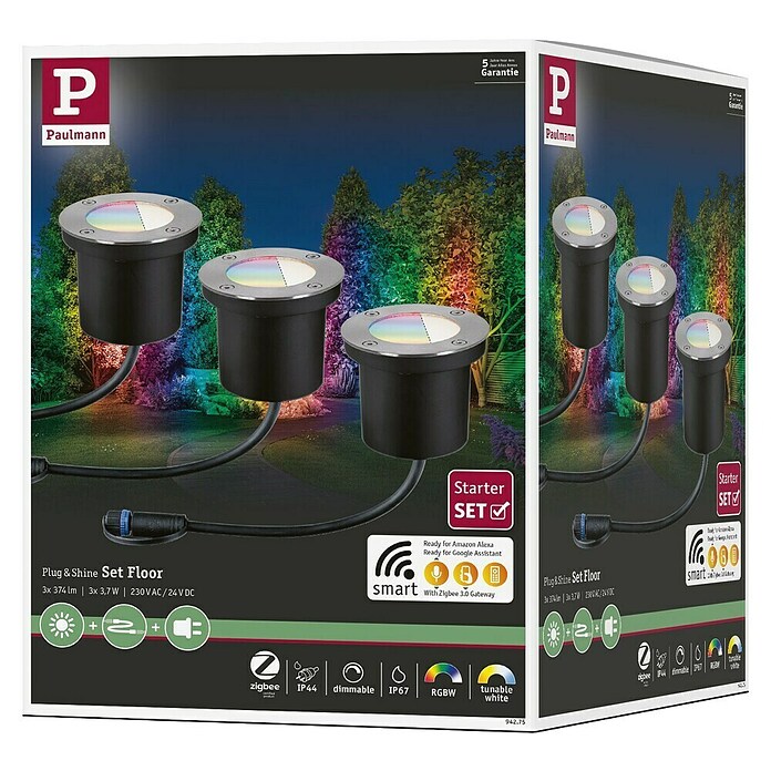 Paulmann Plug & Shine Osnovni set LED ugradbena podna svjetiljka Smart Home Zigbee  (3,6 W, Srebrna, Ø x V: 9,8 x 9,2 cm, Mogućnost upravljanja s pomoću aplikacije, IP65) | BAUHAUS