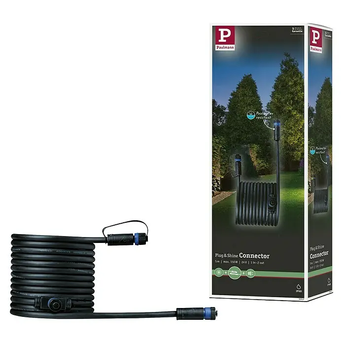 Paulmann Plug & Shine Verbindungskabel - 5 m, 2 Anschlüsse, IP68 - Produktbild eines Paulmann Plug & Shine Connector, ein 5m langes Kabel mit IP68-Schutz, ideal für den Außenbereich.