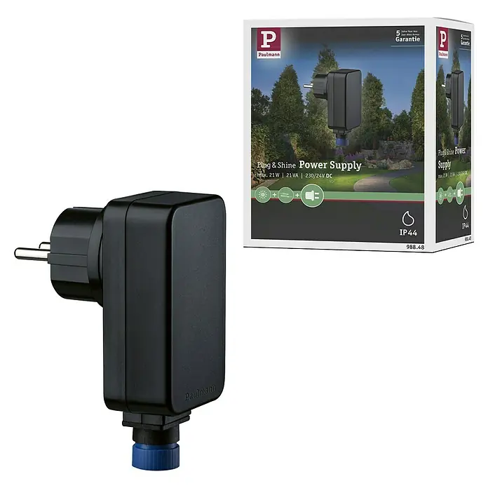 Paulmann Plug & Shine LED-Trafo - 24 V, IP44, Schwarz, Max. Leistung: 21 W - Produktansicht des Paulmann Plug & Shine Power Supply mit der dazugehörigen Produktverpackung im Hintergrund.