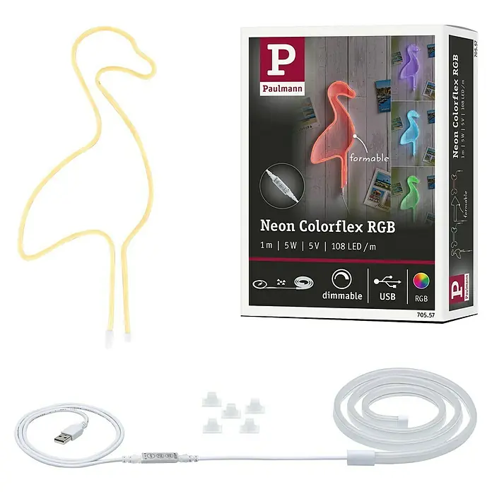 Paulmann Tira LED LED Neon Colorflex USB - Largo: 1 m, Color de luz: Multicolor - Imagen del producto de una lámpara Paulmann Neon Colorflex RGB en forma de flamenco con accesorios. Flexible, regulable y colorida.