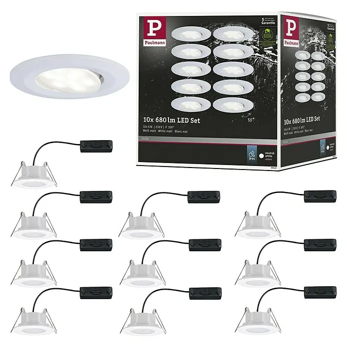 Paulmann Set de focos LED empotrables Calla - 6 W, Ø x Al: 9 cm x 5 mm, Blanco, 10 ud., Blanco neutro - Conjunto de focos empotrables LED Paulmann con 10 luces, 680 lúmenes cada uno, blanco mate, ideal para iluminación elegante.