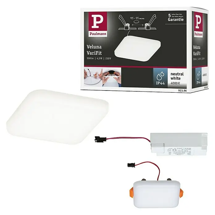 Paulmann Panel LED Veluna - 4,5 W, L x An x Al: 7,5 x 7,5 x 3,1 cm, Satin, Blanco neutro, 4.000 K - Imagen del producto del plafón LED de techo Paulmann Veluna VariFit de 550lm, 4,5W y 230V, blanco neutro (4000K), protección IP44.