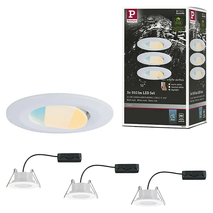 Paulmann Set de focos LED empotrables redondos Calla LED - 5 W, 3 ud., Temperatura de color ajustable: Escalones, Blanco - Juego de focos empotrables LED Paulmann Calla con cambio de temperatura de color, paquete de 3, ideal para iluminación ambiental.