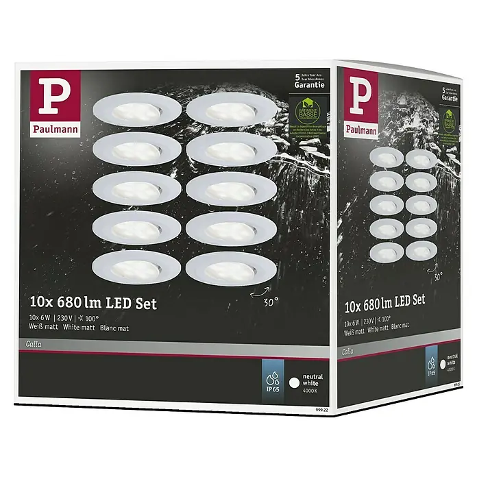 Paulmann Set de focos LED empotrables Calla - 6 W, Ø x Al: 9 cm x 5 mm, Blanco, 10 ud., Blanco neutro - Paquete del Paulmann 10x 680 lm LED Set en blanco mate, perfecto para iluminación interior con luz blanca neutra (4000K).