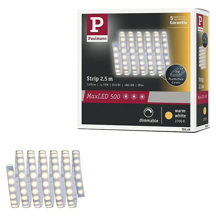 Paulmann MaxLED 500 Tira LED - L x Al: 2,5 m x 4 mm, Plateado - La imagen muestra una tira LED Paulmann MaxLED 500, con una longitud de 2,5 m y que emite una luz blanca cálida a 2700K.