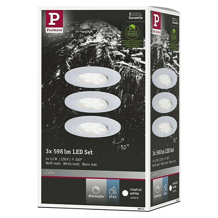 Paulmann LED-Einbauleuchte Calla (Neutralweiß, 3 Stk., IP65, Durchmesser: 90 mm, Weiß) | BAUHAUS