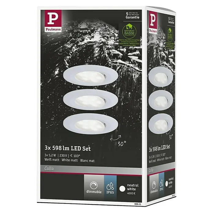 Paulmann Downlight LED empotrable Calla - Blanco neutro, 3 ud., IP65, Diámetro: 90 mm, Blanco - Embalaje del producto para un conjunto de 3 focos empotrables LED Paulmann Calla con 598 lúmenes, regulable y certificado IP65.